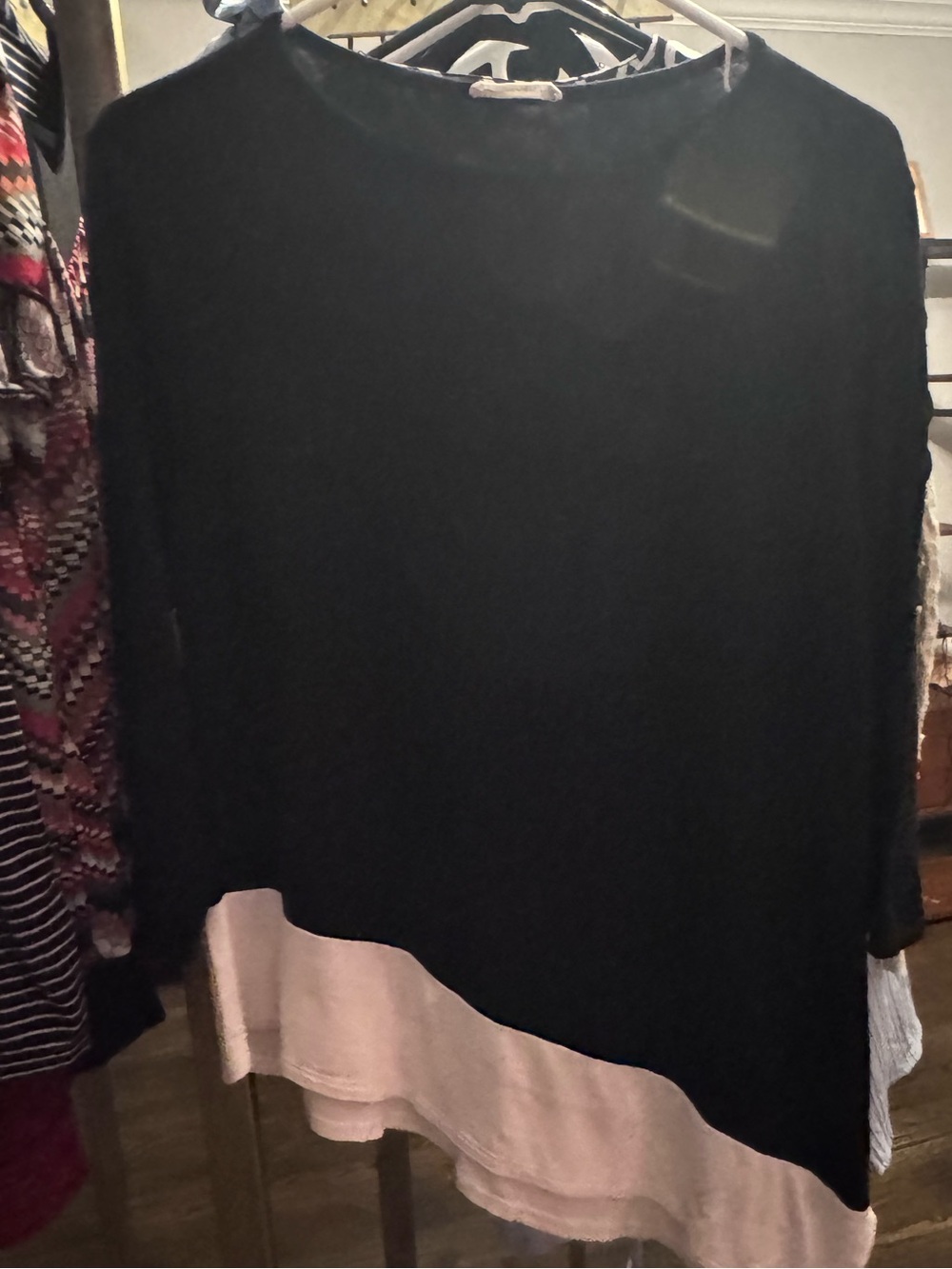 Women's Black Long Sleeve Layered Hem Tee with White Contrast